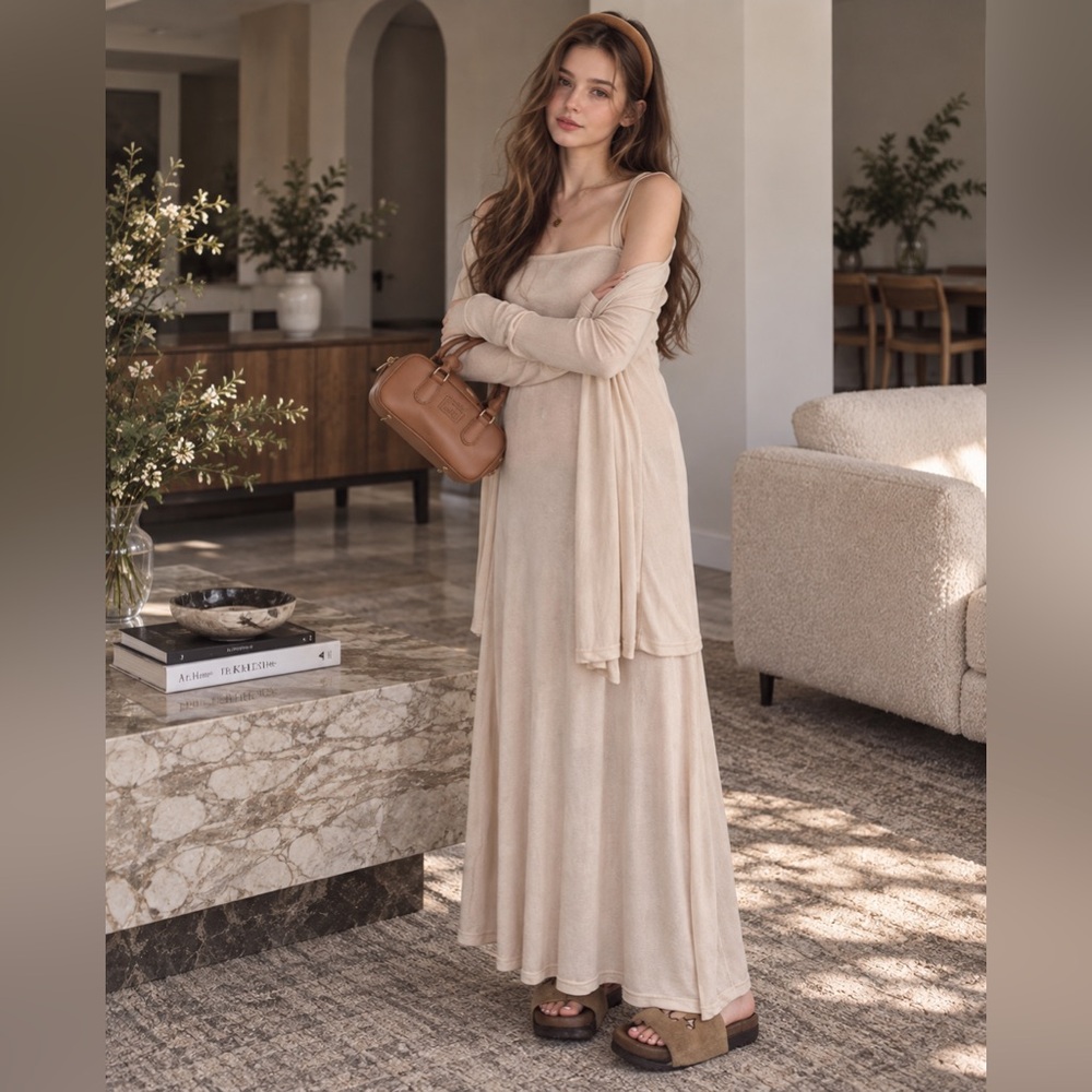 Women's beige maternity maxi dress with cardigan